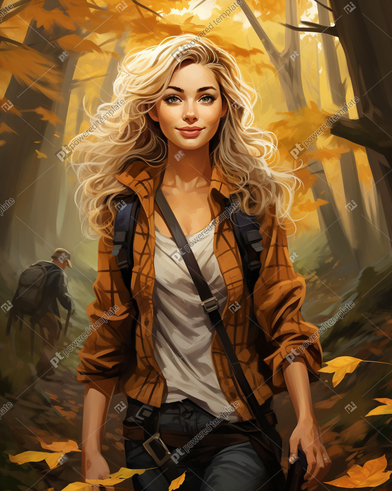 Autumn Stroll MiddleAged Woman with Two Dogs Exploring Fall Foliage in