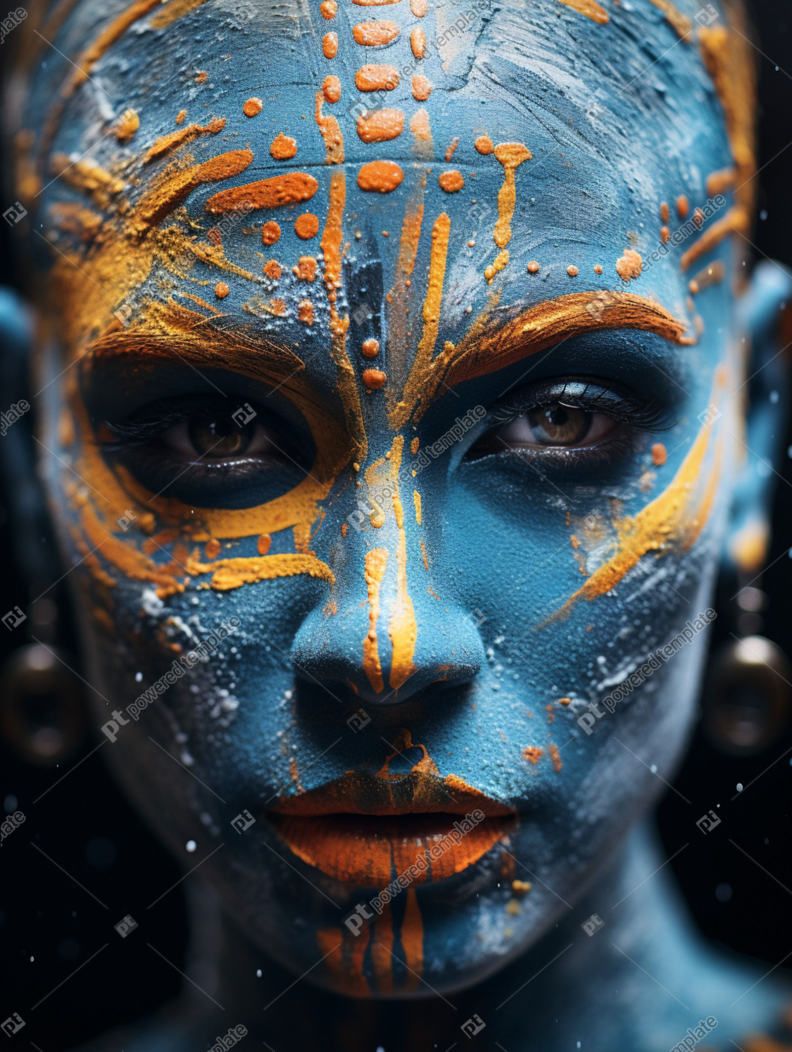 Intense Close-Up Edgy Woman with Blue Face Paint in Solarpunk Style, AI  Image, PoweredTemplate, 130183