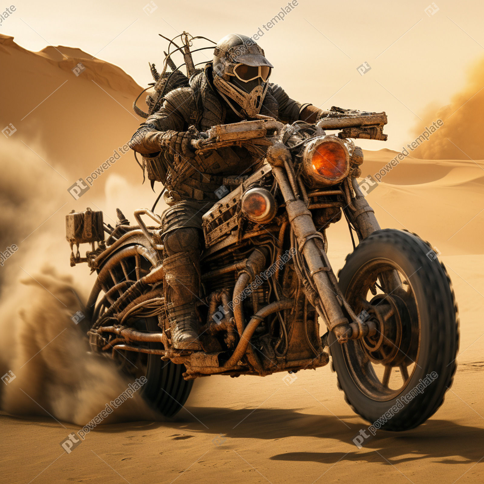 Mad Max-inspired Motorbike Creates Dust Trail in Desert | Free, AI Image |  PoweredTemplate | 130260 | PoweredTemplate.com