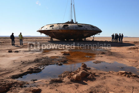 Crashed Flying Saucer in Semi-Arid Desert Officials Survey Damaged Site | AI Image | PoweredTemplate | 135449 | PoweredTemplate.com