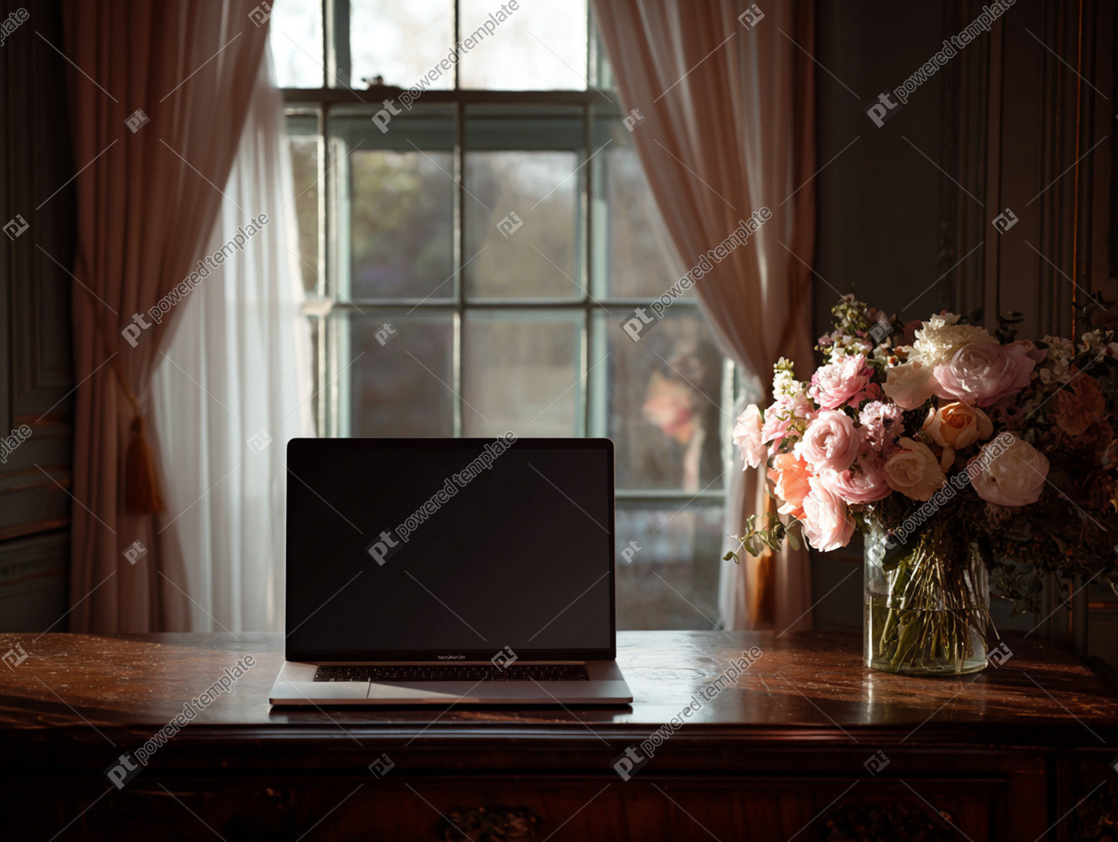Laptop on a Desk with Floral Arrangement by a Window | Gratis, Gambar ...