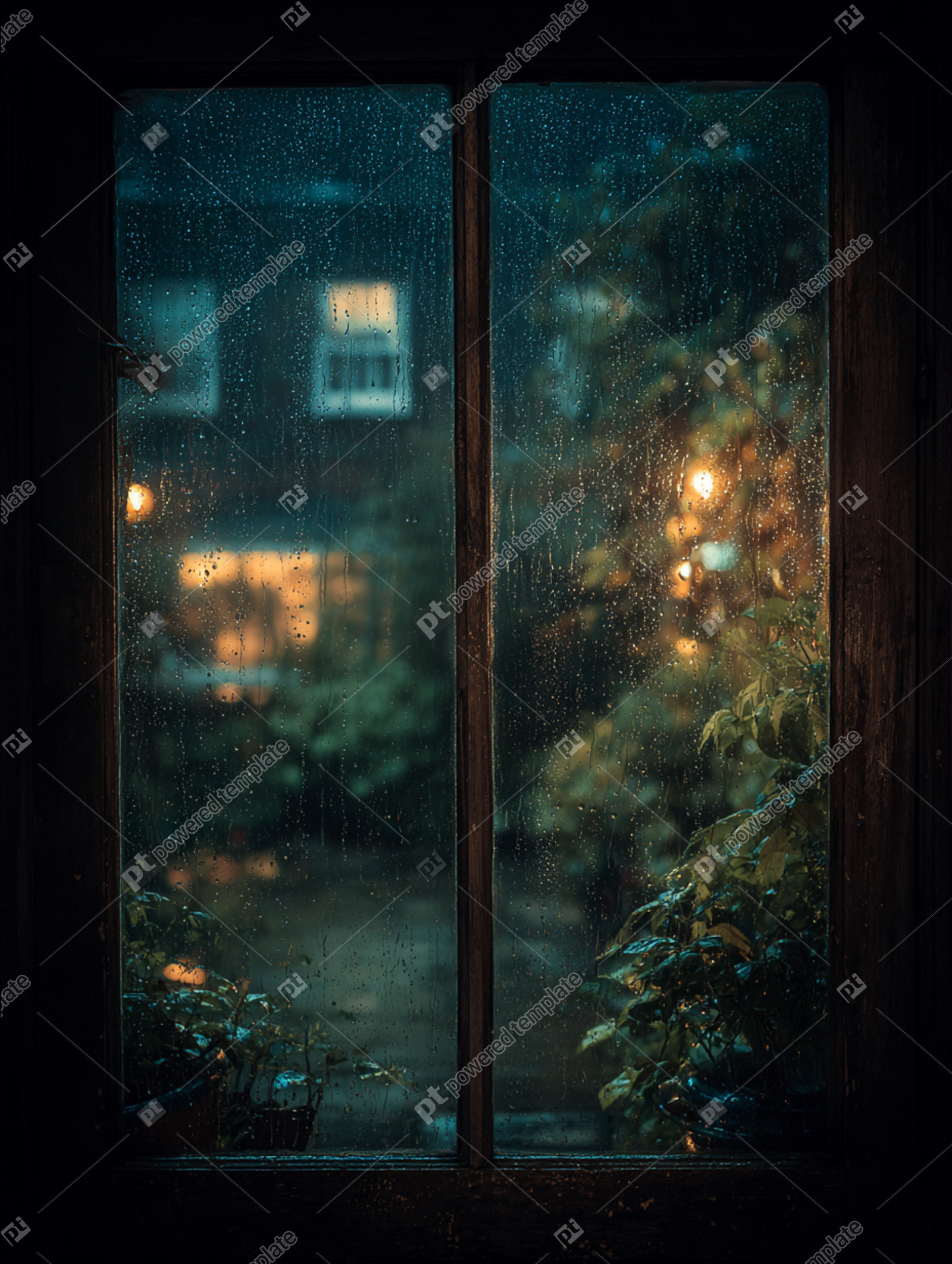 Rainy Night Through a Rustic Window | Free, AI Image | PoweredTemplate ...