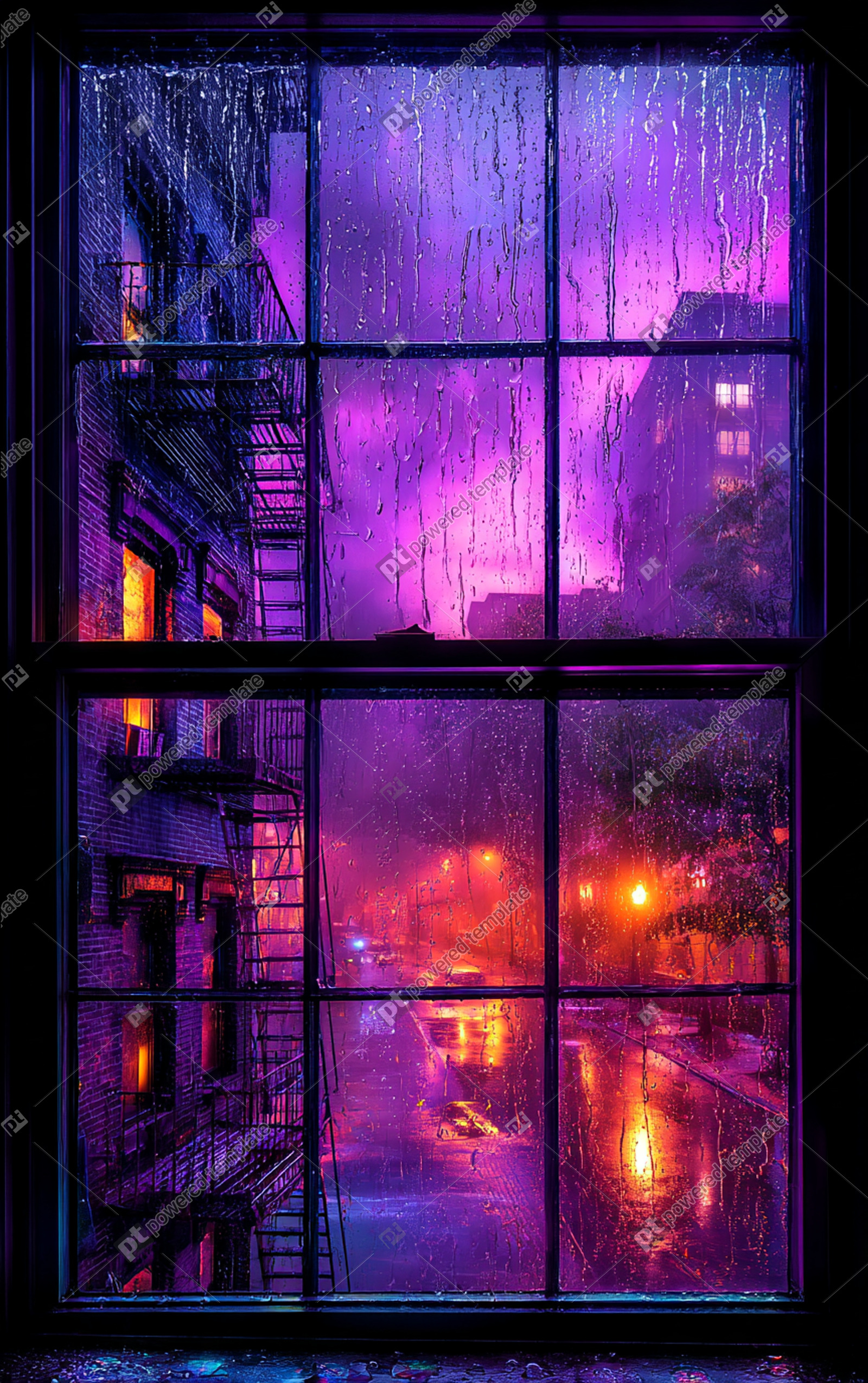Neon Rain A City Window View on a Stormy Night | Free, AI Image ...