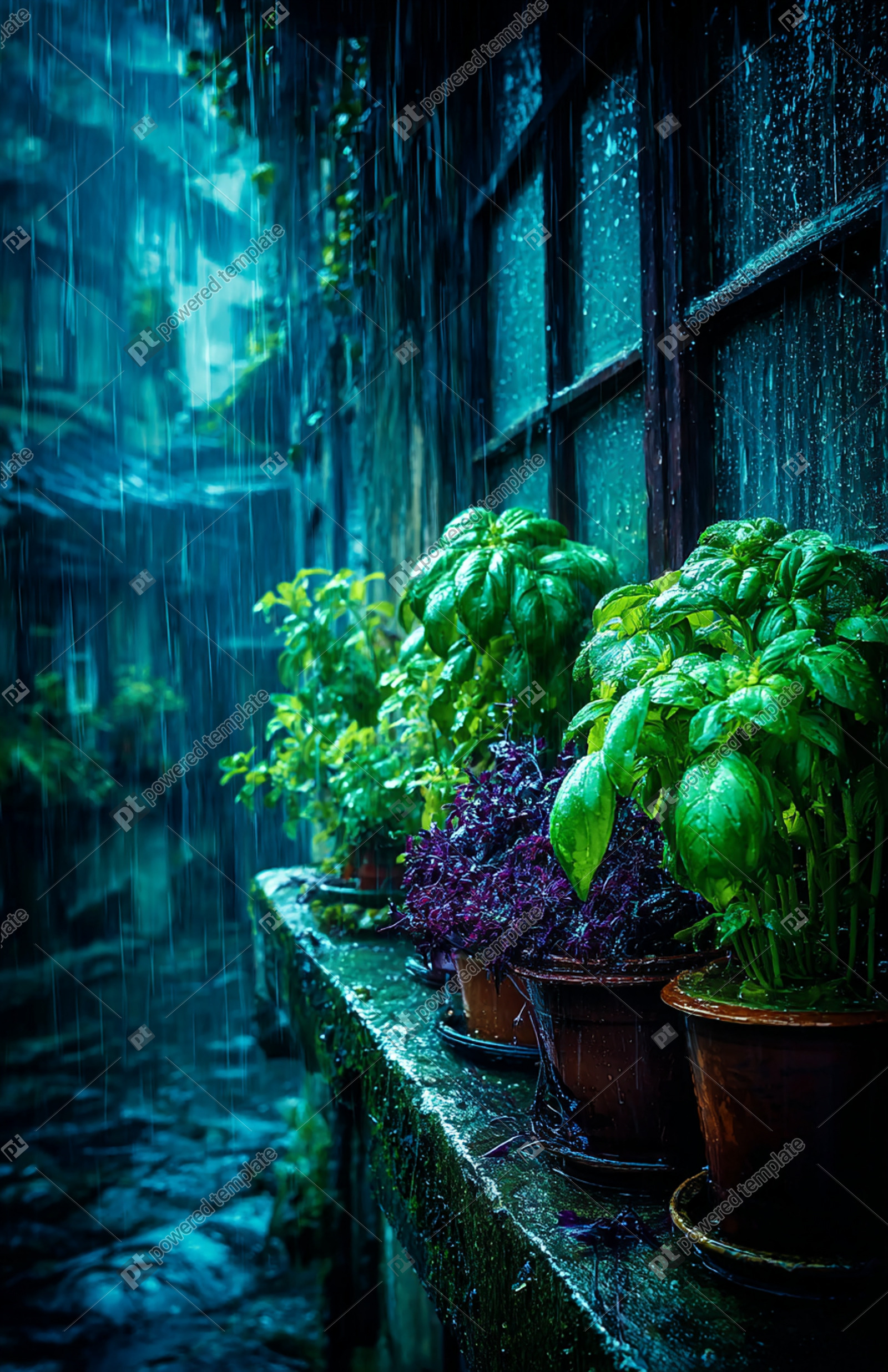 Rain-Kissed Herbs on a Window Ledge | AI Image | PoweredTemplate ...