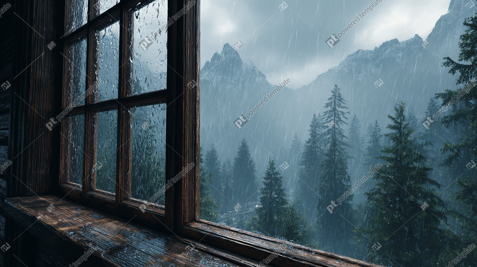 Mountain Cabin Window View During a Rainstorm | AI Image ...