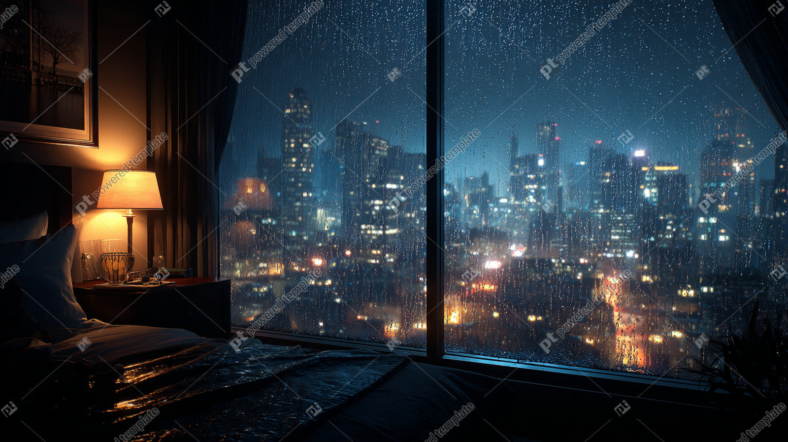 Rainy Night Cityscape from a Cozy Bedroom | Free, AI Image ...