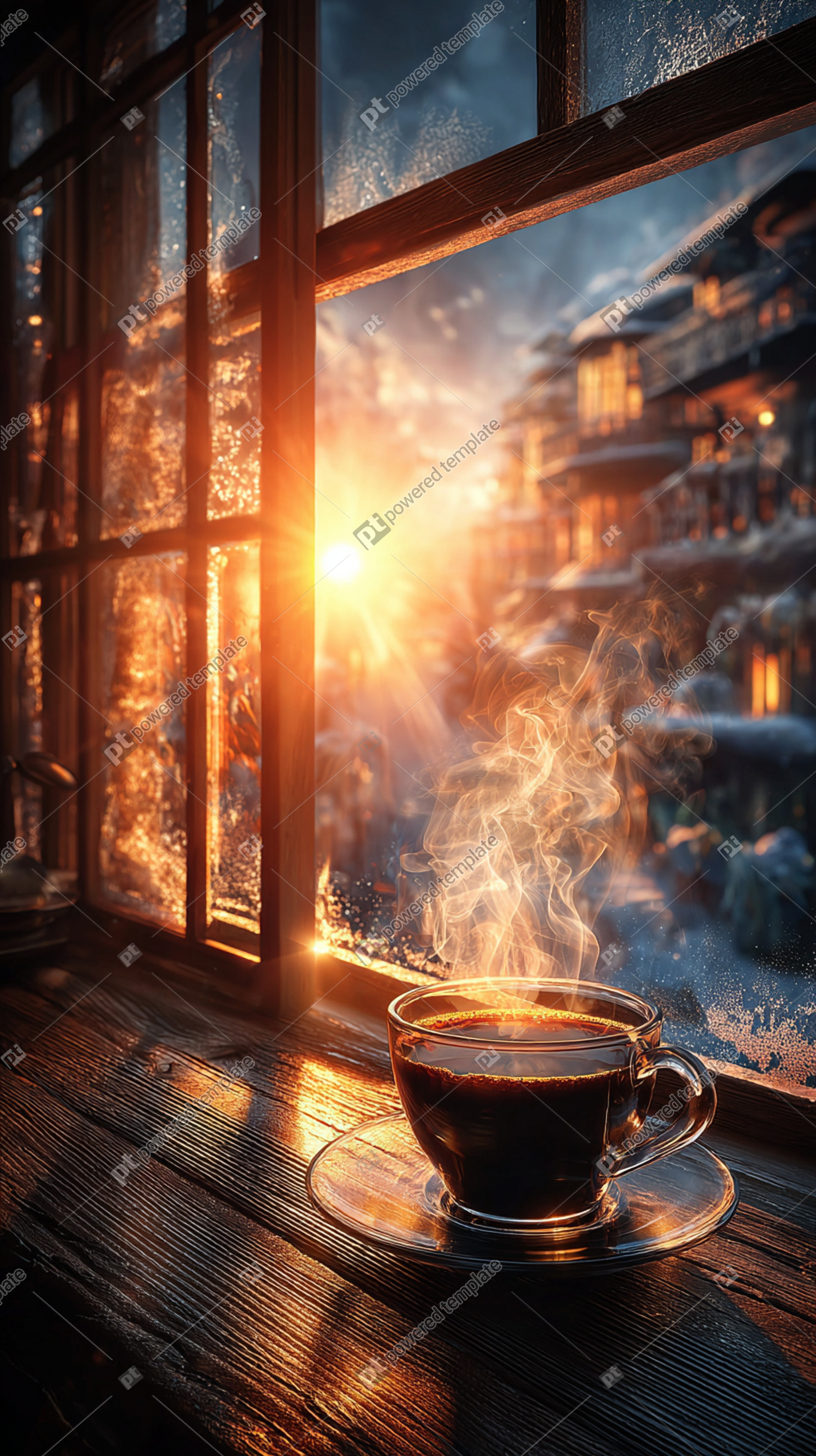 Golden Winter Morning Steaming Coffee by a Frosted Window | AI Image ...