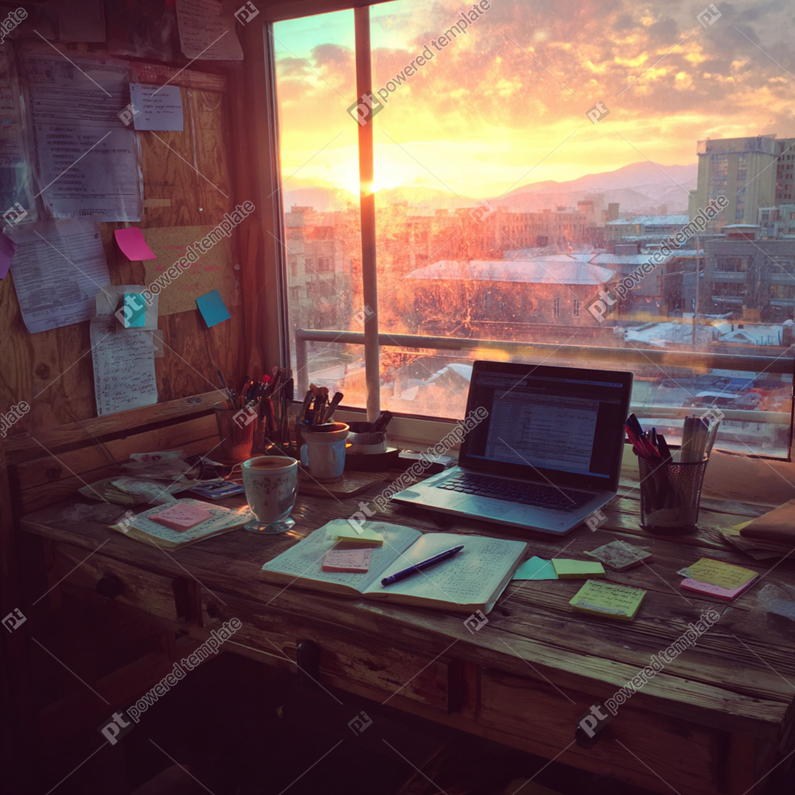 Golden Hour Productivity A Cozy Desk by a Sunset City Window | Free, AI ...
