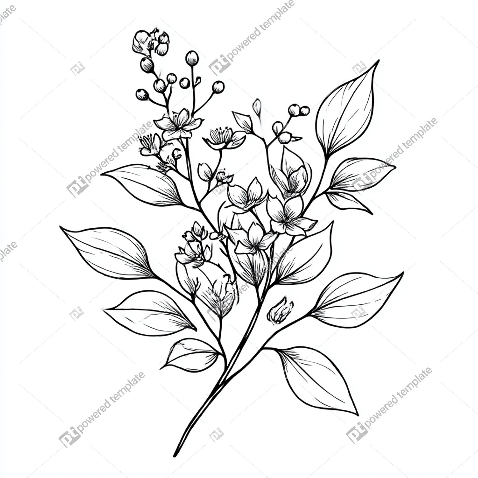 Elegant Botanical Line Art of a Flowering Branch | Free, AI Image ...