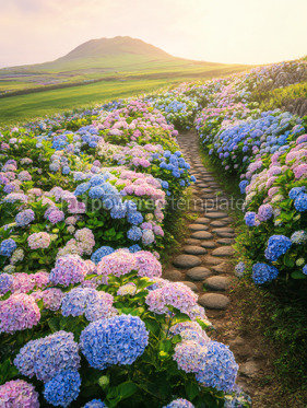 Vibrant Hydrangea Path Winding Towards a Sunlit Mountain | Free, AI ...