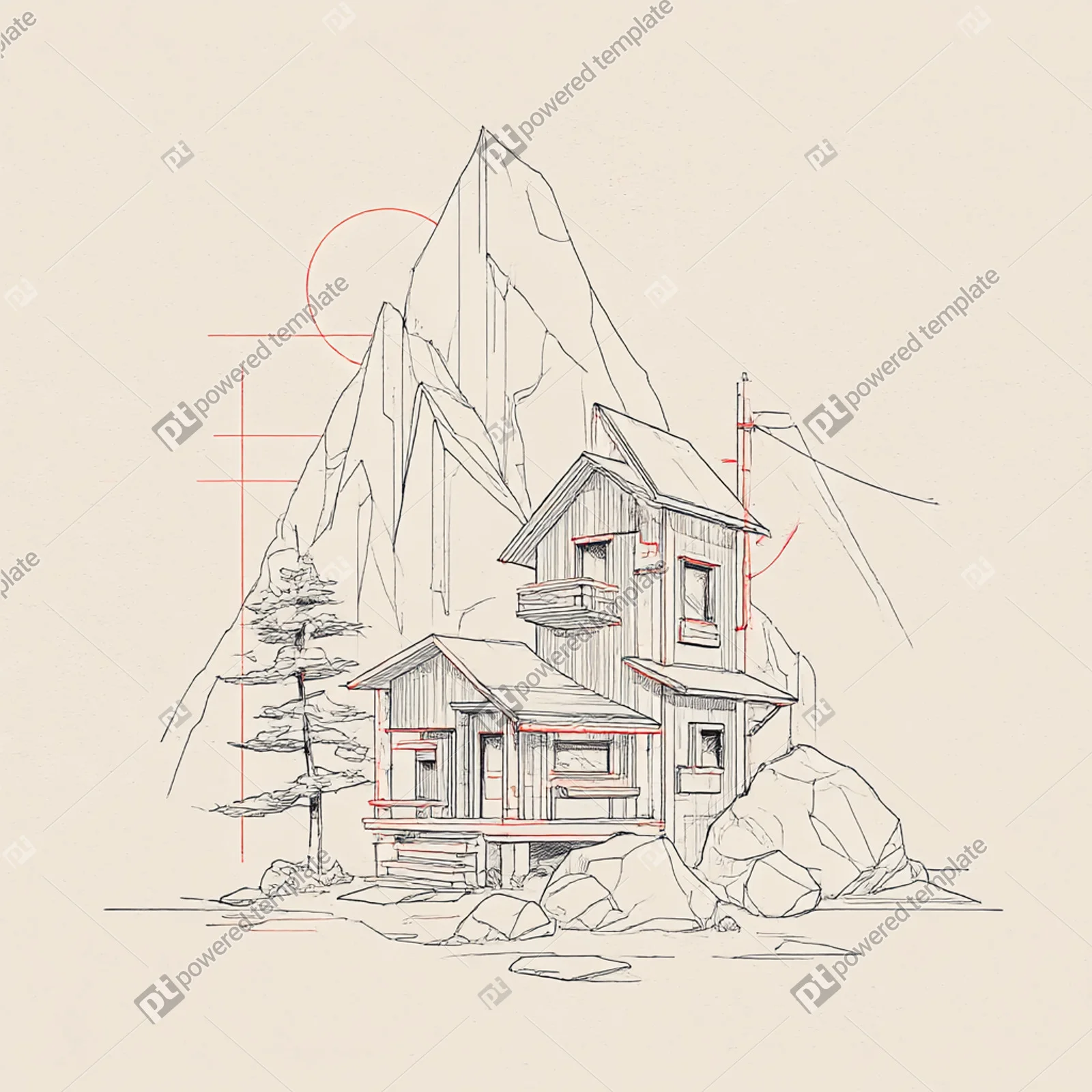 Architectural Sketch of Mountain Cabins with Red Guidelines | Free, AI ...